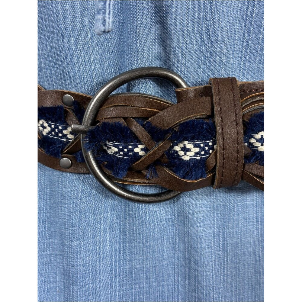 Womens belt 42” Braided Brown Faux Leather with frayed Navy Woven Detail Boho